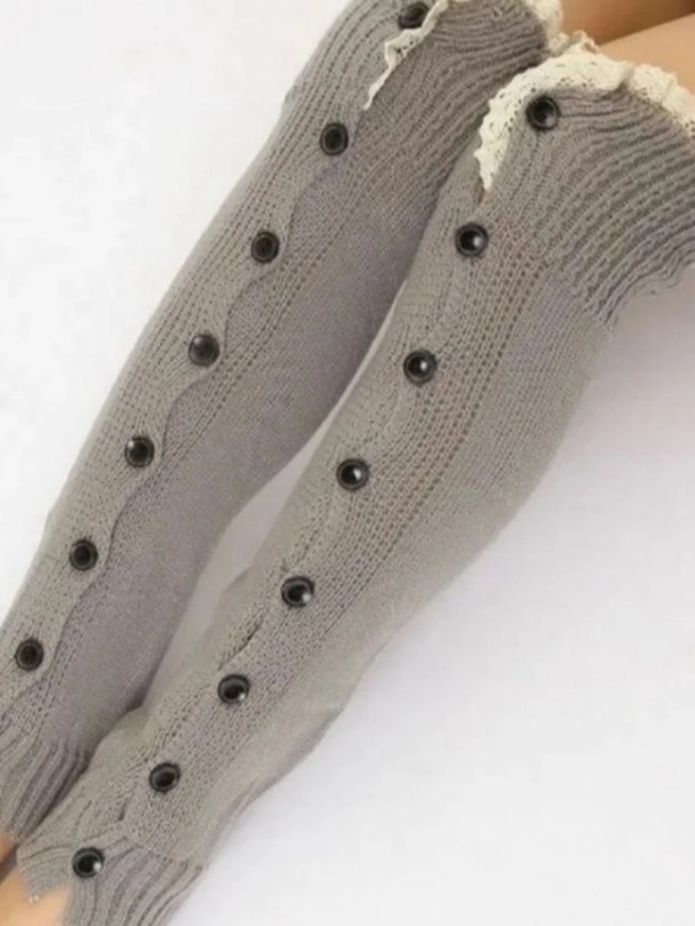 Knit Button-Detail Leg Warmers in Grey with Lace Trim